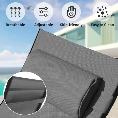 Vista 3 de Juego de 2 tumbonas para patio al aire libre, 5 posiciones de respaldo ajustables, silla de patio ajustable con reposacabezas adecuada para piscina