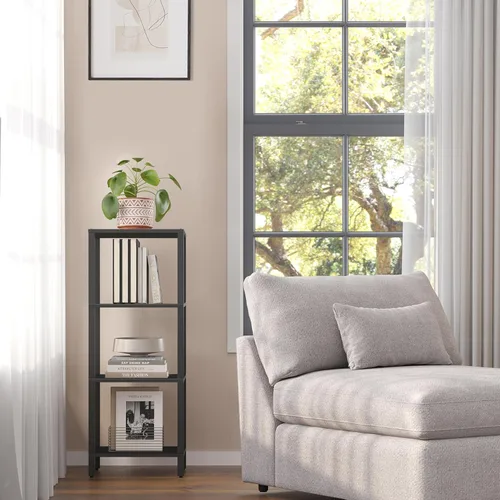 Vista 4 de TUTOTAK Estantería para libros de 4 niveles, estantería estrecha para espacios pequeños, estantería apilable de bricolaje, para sala de estar, Negro