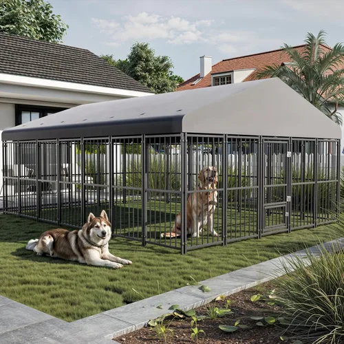 Vista 9 de Perrera grande para perros exterior de 10 x 10 pies, jaula resistente con puerta de alimentación, corrida de perro al aire libre con techo