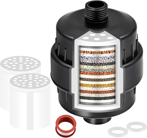 Filtro de ducha para agua dura, dos cartuchos de repuesto, filtro de agua de ducha de alto rendimiento, plateado, elimina cloro y flúor (negro)