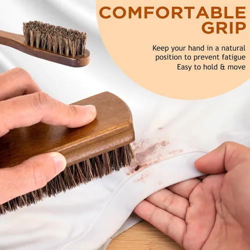 Vista 4 de Juego de cepillos de limpieza para manchas de ropa de crines de caballo 2 piezas de TAKAVU, cerdas suaves naturales para eliminar manchas difíciles