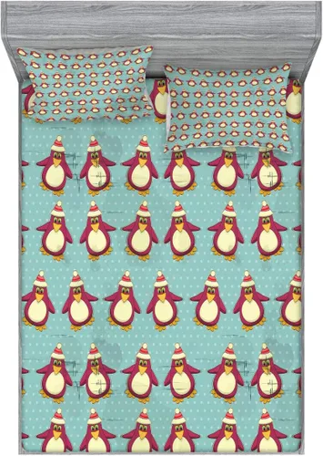 Vista 4 de Ambesonne Christmas 2 Pack Fitted Sheet & Pillow Sham Set, Funny Arctic Penguins, 4 Pcs Bedding Decor, Package Contains 2 Full Size Fitted Sheets &