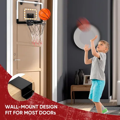 Vista 4 de Mini aro de baloncesto interior para niños para puerta pared habitación con 3 bolas marcador electrónico