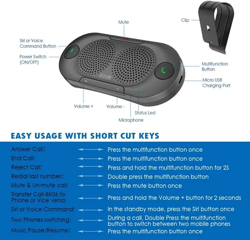 Vista 3 de BESIGN BK06 Bluetooth 5.0 en altavoz para automóvil con clip para visera, kit inalámbrico para automóvil para hablar manos libres, encendido
