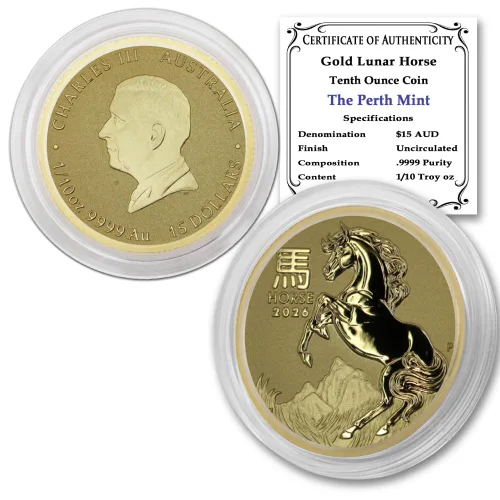 Moneda del Año Lunar del Caballo de Oro Australiano 2026 P 1/10 oz Brillante Sin Circular (en Cápsula) con Certificado de Autenticidad $15 Vendedor