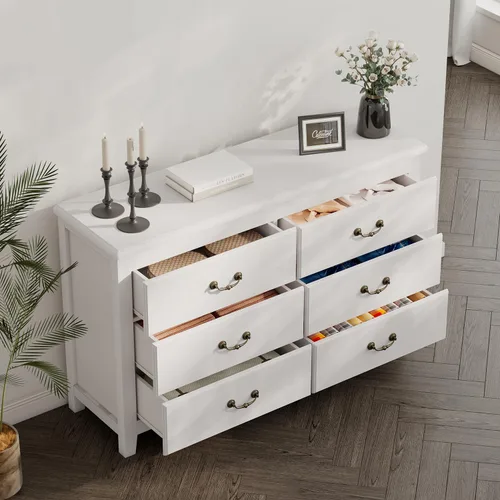 Vista 3 de Cómoda blanca para dormitorio, cómoda de granja para dormitorio, cómoda ancha de almacenamiento para sala de estar, pasillo, entrada