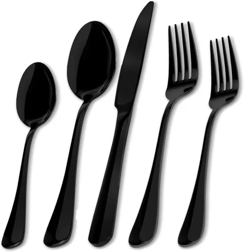 Aisoso Juego de cubiertos negros de acero inoxidable de 20 piezas para 4, incluye cuchara tenedor y cuchillo, elegante acabado de espejo, perfecto