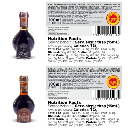 Vista 2 de La Secchia - "Duetto", Envejecido 20 y 35 años, Vinagre Balsámico Tradicional de Modena DOP, Dos Botellas de 3.4 fl oz con Tapa Dosificadora