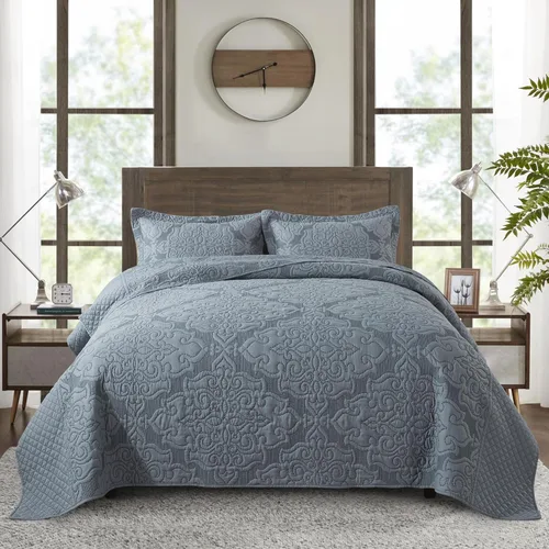 Vista 29 de NEWLAKE - Juego de cubrecama reversible de microfibra bordada con patrón floral en relieve en jacquard beige, tamaño queen