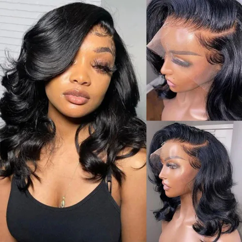 Vista 7 de Pelucas de encaje frontal de cabello humano Jolanly Bob Wig 13x4, pelucas de cabello humano prearrancadas con onda corporal de 180% de densidad
