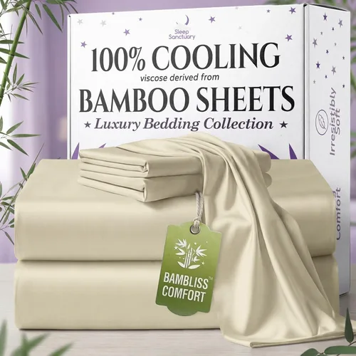 Vista 31 de SLEEP SANCTUARY 100% viscosa orgánica derivada de sábanas de bambú, tamaño individual, 4 piezas, ultra suave y refrescante, bolsillo profundo de 17