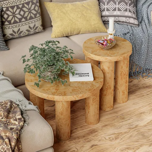 Vista 6 de Aoikax Juego de 2 mesas de centro redondas de madera de granja con acabado de chapa burl, mesas anidables rústicas modernas con patas de pilar