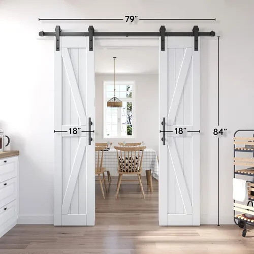 Vista 8 de EaseLife Puerta de granero de 36 x 84 pulgadas (puerta doble de 18 x 84 pulgadas) con herrajes para puerta corredera de 6.6 pies y asa incluidos