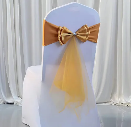 Vista 20 de 6Pcs Stretch Satin Chair Sashes Bows Chair Bands Decor for Hotel Wedding Reception Party Event Chair Cover Decoration Gold