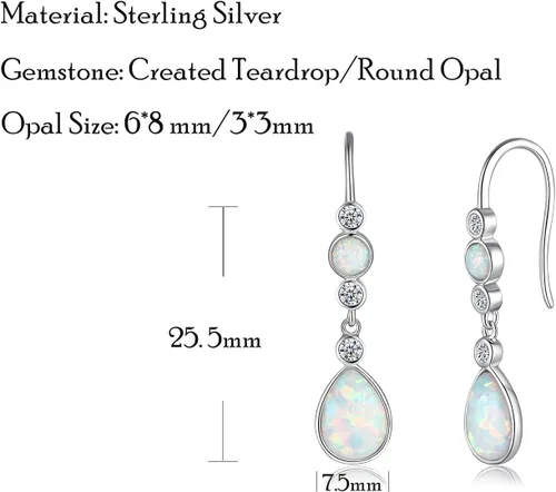 Vista 3 de FANCIME Created Opal Earrings Sterling Silver Hook Earrings with 2 White Fire Opal Stones Teardrop October Birthstone Earrings Fine Jewelry for Women