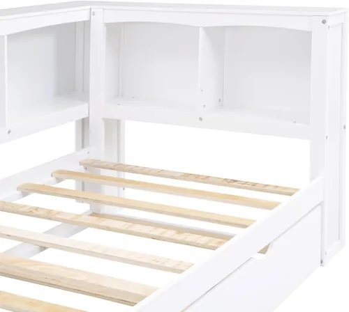 Vista 95 de Quarte Elegante cama de plataforma con estanterías en forma de L, cama de plataforma de madera tamaño individual con 2 cajones de almacenamiento