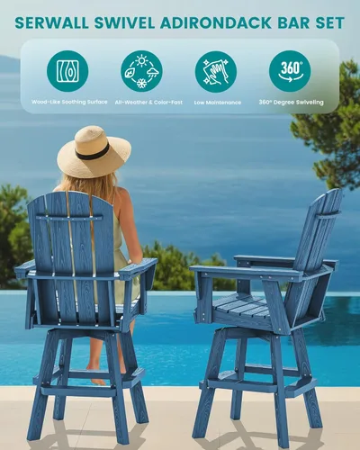 Vista 6 de SERWALL - Silla giratoria Adirondack para bar, silla de balcón giratoria de HDPE Adirondack, silla de altura de bar para exterior para bistró, junto