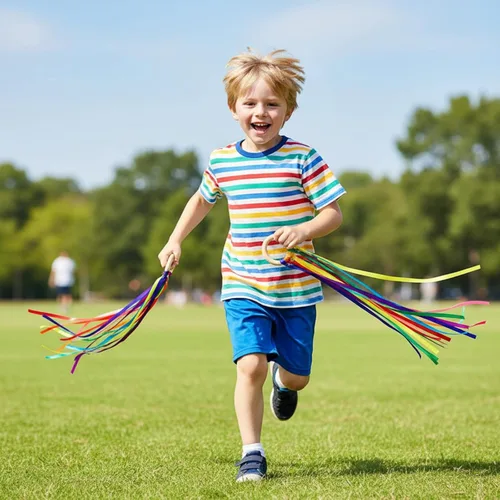 Vista 5 de Deekin 12 piezas de cinta de arco iris de madera Waldorf juguetes creativos Waldorf juego de cometas de mano serpentinas con anillo de madera