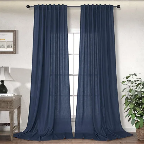 Vista 18 de Cortinas de lino crema de 102 pulgadas de largo para sala de estar, dormitorio, 2 paneles con bolsillo con pestaña trasera, filtro de luz, cortina