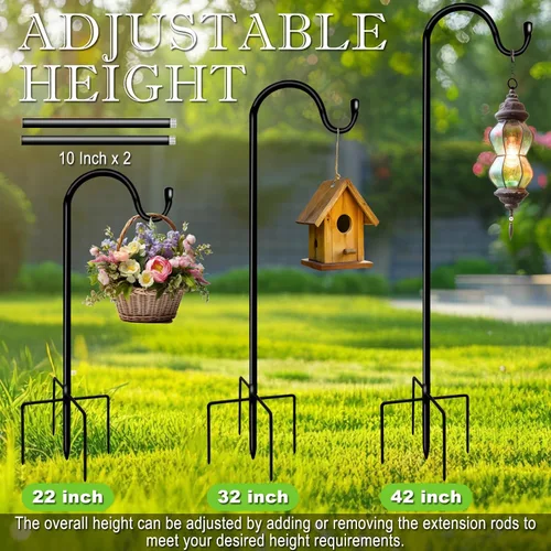 Vista 5 de Ganchos de pastor para exteriores de 42 pulgadas, poste de comedero de pájaros de jardín con base de 5 puntas, ajustable para colgar cesta