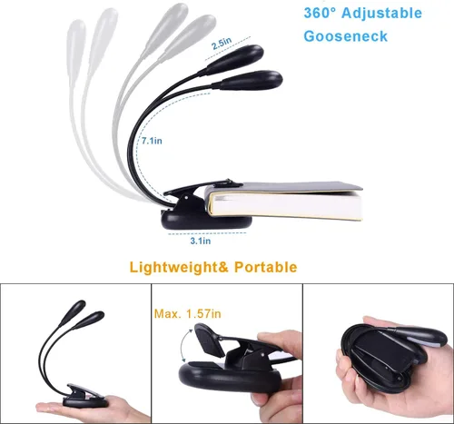 Vista 4 de Luz de soporte de música recargable, luz de lectura con clip, lámpara de libro de 8 LED, brillo de 3 niveles para protección ocular, perfecta