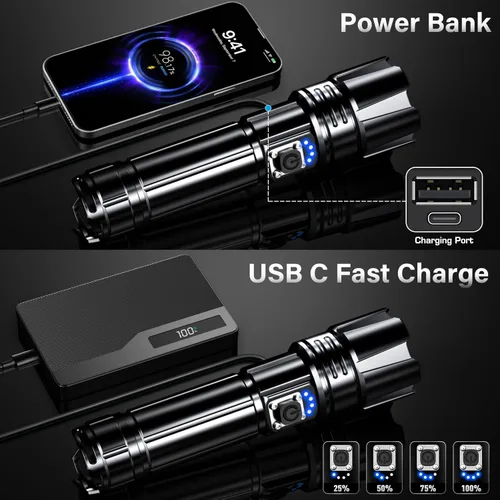Vista 5 de AKNEAR Linterna LED recargable de 99000 lúmenes altos, linternas súper brillantes con zoom y USB C recargable y 5 modos de luz y IPX-7 impermeable