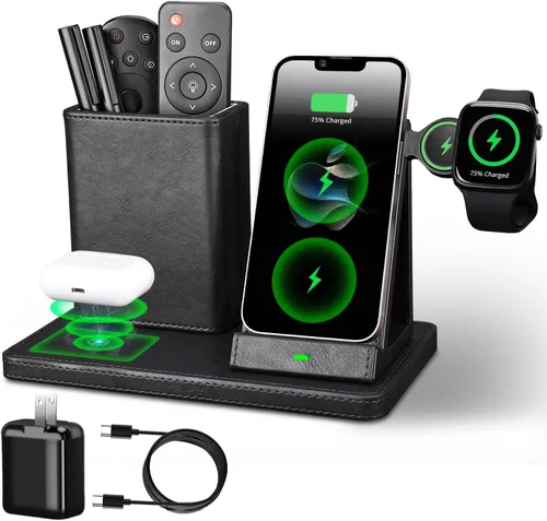 LADSTAG Accesorios de escritorio de suministros de oficina, soporte para bolígrafo, soporte de control remoto, organizador con cargador de teléfono,