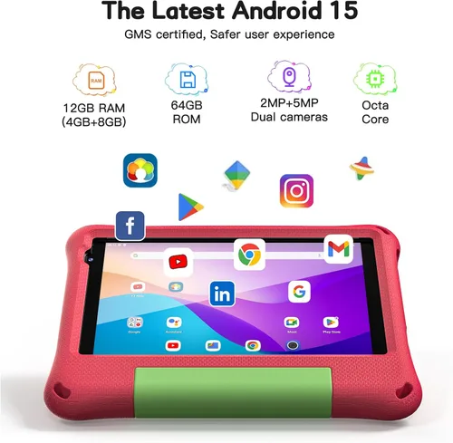 Vista 2 de Tableta para niños de 8 pulgadas, Android 15, Octa-Core 12 GB de RAM + 64 GB de ROM, tableta para niños pequeños con WiFi 6, control parental