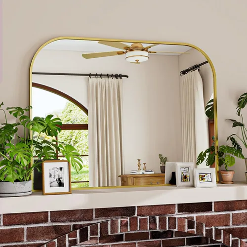 Vista 23 de Espejo de Pared con Cuentas, 36 x 27 Pulgadas Parte Superior Redonda Ángulo Recto Espejo de Pared, Vidrio Templado, Resistente al Óxido, Colgado