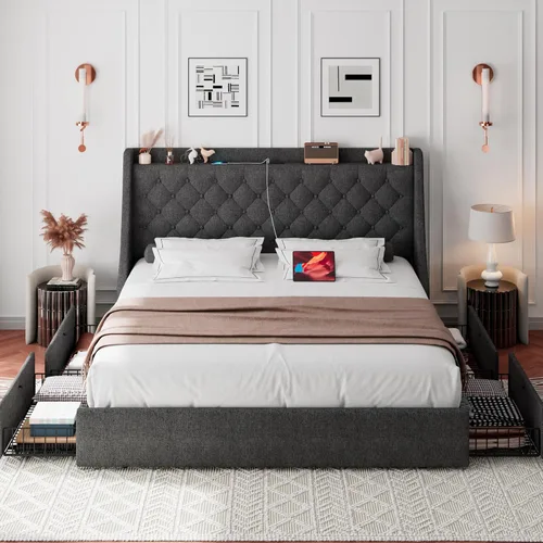 Vista 3 de iPormis Base de cama Queen con 4 cajones de almacenamiento, marco de cama tapizado con puertos tipo C y USB, cabecera de almacenamiento con respaldo