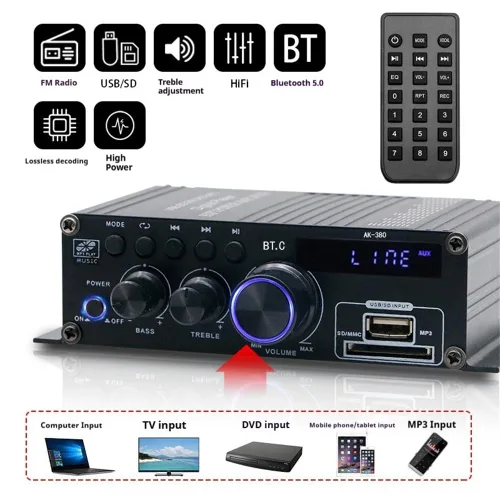 Vista 5 de AK-380 Bluetooth 5.0 Amplificador de audio para el hogar, máximo 400W+400W 2.0CH HiFi Stereo con fuente de alimentación de 12 V 5 A, receptor