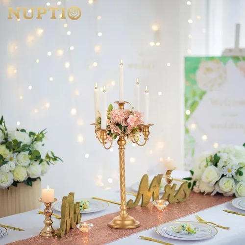 Vista 2 de Nuptio Candelabro alto dorado de 21 pulgadas, portavelas de 5 brazos, 2 portavelas cónico de metal, soporte de velas, centro de mesa para boda
