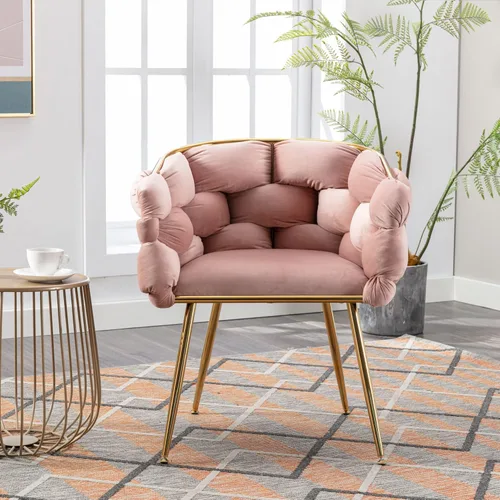 Vista 3 de Silla decorativa de lujo hecha a mano con patas doradas, moderno sillón de terciopelo para sala de estar y dormitorio, taburete de tocador, silla