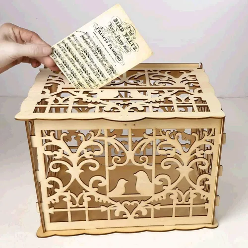 Vista 2 de Alnicov Caja de madera para tarjetas de boda, caja rústica de decoración de boda con cerradura para recepción, boda, aniversario, cumpleaños