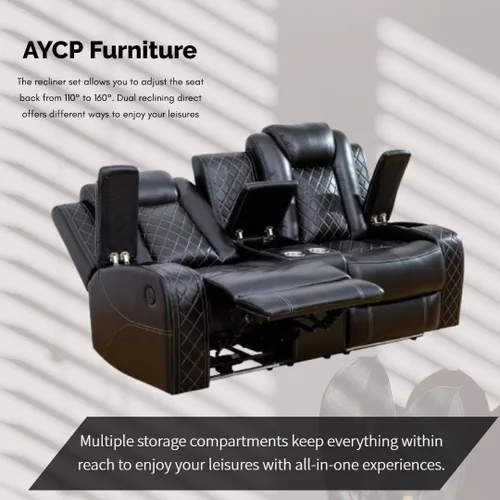 Vista 4 de Juego de sillón reclinable eléctrico con luces LED, juego reclinable de cuero sintético con puerto USB/cargador inalámbrico/consola