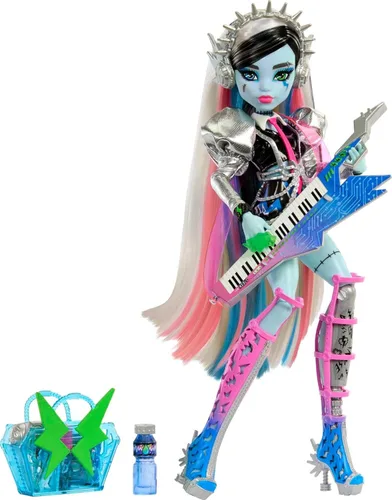 Vista 2 de Muñeca Monster High, Frankie Stein Amped Up Rockstar con instrumento y accesorios temáticos de actuación como auriculares