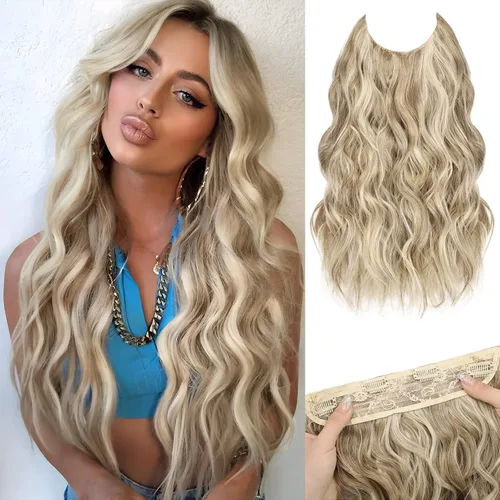 Vista 23 de MORICA Extensiones de cabello con alambre invisible, 20 pulgadas, rubio, largo, ondulado, sintético, con alambre transparente, tamaño ajustable, 4