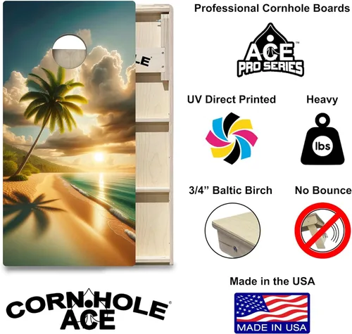 Vista 2 de CornholeAce ACE PRO Tablas de Cornhole profesionales con temática de playa, sin rebote. Patas triples anchas, madera contrachapada de abedul báltico