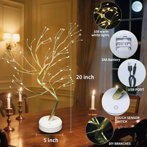 Vista 2 de 108 luces LED de árbol bonsái de mesa con control remoto, 8 modos de 20 pulgadas, árbol de luz artificial de hadas blanco cálido, lámpara de árbol