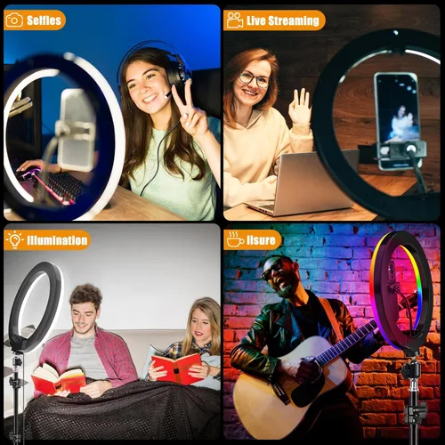 Vista 8 de Anillo de luz de 10.3 pulgadas con trípode y soporte para iPad para teléfono, anillo de luz para selfie con 51 modos de color, iluminación circular