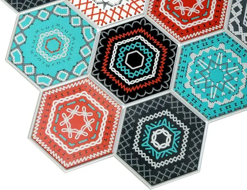 Vista 4 de Dundee Deco PG7028 Mosaico hexagonal sintético multicolor, 3.2 pies x 1.6 pies, panel de pared 3D de PVC, decoración de paneles de pared de diseño