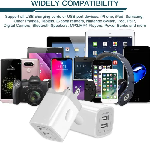Vista 6 de Cargador de pared USB, adaptador de cargador plegable, AILKIN 2 unidades de 2.4 amperios de doble puerto de cargador rápido, cubo de enchufe de CA