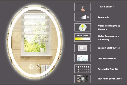 Vista 3 de Espejo de baño LED ovalado de 23.6'X31.5'' con luces, antivaho regulable, 3 ajustes de luces retroiluminados + iluminación frontal, espejos de pared
