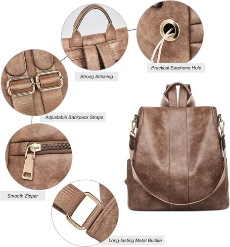 Vista 6 de FOXLOVER Mochilas de cuero sintético para mujer, mochila de moda convertible para viaje, bolsos multiusos para mujer, Marrón B, Vintage