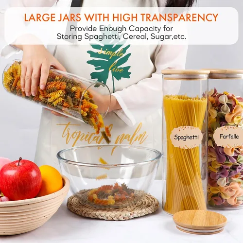 Vista 2 de AuroTrends Recipientes de vidrio para almacenamiento de alimentos con tapas de bambú, paquete de 3 tarros altos de vidrio transparente, recipientes