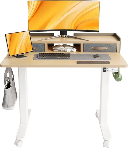 Vista 23 de Claiks Escritorio de pie con cajones, escritorio eléctrico ajustable de pie pequeño, altura ajustable con estante de almacenamiento y tablero