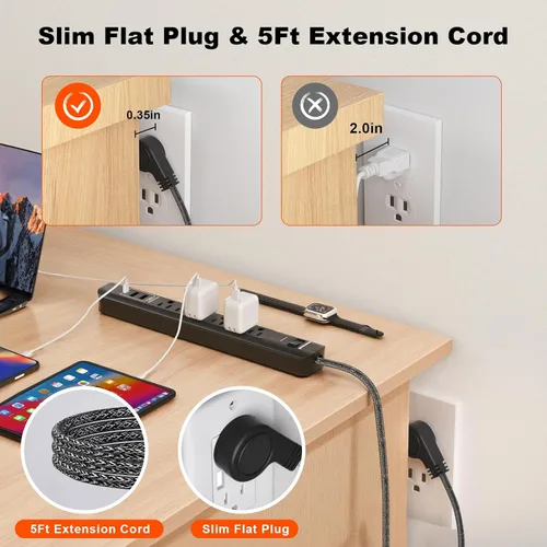Vista 4 de Paquete de 2 protectores de sobretensiones de regleta de alimentación – Cable de extensión de 5 pies con 6 salidas con 3 puertos USB