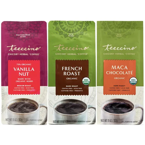 Teeccino Paquete variado de café de hierbas, nuez de vainilla, tostado francés, chocolate con maca, café molido a base de hierbas que es prebiótico,