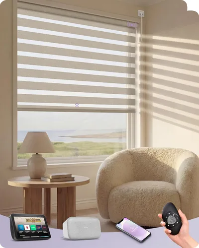 Vista 39 de Graywind Persianas motorizadas de cebra para ventanas, persianas inteligentes 100 % opacas con control remoto, persianas de cebra personalizadas