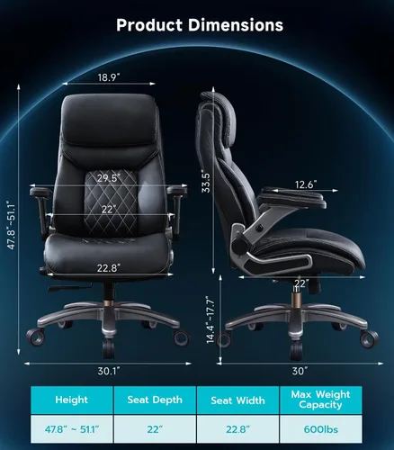 Vista 2 de Silla de oficina grande y alta con brazos abatibles 5D, silla ejecutiva de piel sintética de 600 libras con soporte lumbar ajustable, rueda espacial